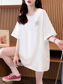 Crew Neck Top. Short-Sleeved T-Shirt With Double-Sided Butterfly Print, Casual Style - Made Of Knit Polyester Fabric, The Perfect Choice For Summer. Comfortable And Stylish For Women - Soft And Breathable, Suitable For Everyday Casual Wear. - 白色 - 查看 1