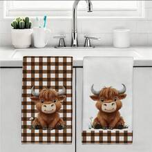 2 pezzi Asciugamani da cucina in stile fattoria vintage con motivo a quadri e mucca delle Highland, rettangolari, in morbido microfibra, panni da cucina, stracci per la pulizia, asciugamani da bagno, asciugamani da tè e cottura, decorazione per la cucina, regalo per il riscaldamento della casa, regalo di compleanno, salviette per la pulizia del bagno, asciugamani decorativi - Multicolore - Visualizzare 10