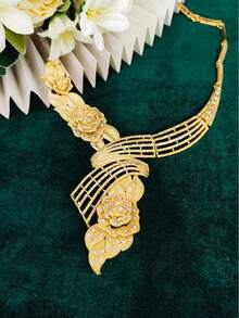 1 Collar, 1 Par de Aretes, 1 Pulsera, 1 Anillo Conjunto de Joyería Chapada en Oro con Diseño Floral de 4 Piezas, Adecuado para Novias Saudíes, de Oriente Medio, de Dubái, Europeas, Africanas, Bodas, Fiestas, Citas, Vestidos, Día de la Madre, Cumpleaños, San Valentín, Días Festivos, Uso Diario - Amarillo Oro - Ver 3
