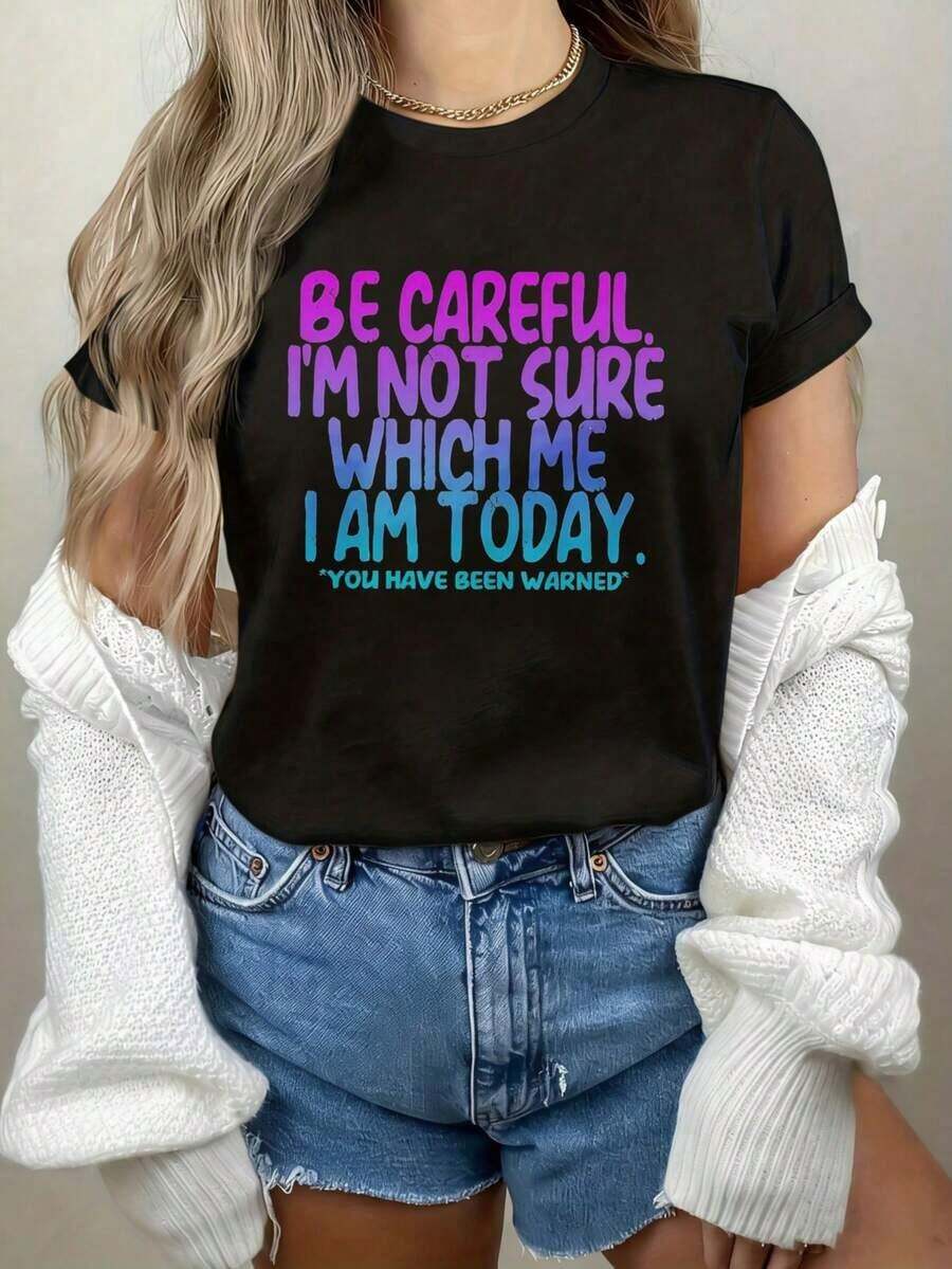 Women's Casual T-Shirt [Humorous Gift] - Pink Crew Neck Letter T-Shirt - Lightweight Everyday T-Shirt - Humorous Gift For Ladies, Women's T-Shirts, Comfortable Fit T-Shirt - 黑色 - 查看 1