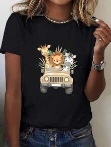 Camiseta de mujer de gran tamaño con estampado vintage de animales de safari - Top casual de ajuste suelto con diseño de jirafa y león, camiseta blanca de manga corta para primavera y verano para atuendos casuales y eventos temáticos (sin relleno en el pecho, tela transpirable), atuendo de safari para mujeresPure-Cotton - Negro - Ver 8