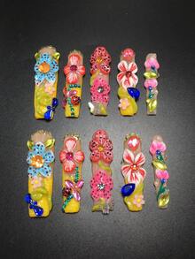10件組 5.5cm 手工棺材形美甲片，鑲嵌水鑽、瓢蟲、波點與花朵設計，完整美甲套組，適合女性與女孩，適用情人節、派對、假日與日常配戴，美甲配件、壓克力美甲套組、手工壓式美甲、假指甲貼紙、美甲用品，手工穿戴式假指甲 - 彩色 - 查看 2
