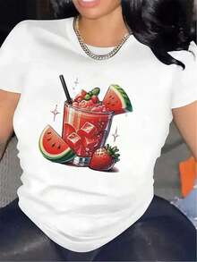 Women's Cocktail Print T-Shirt - Summer Drink Design With Watermelon And Strawberry, Cherry Slice And Lemon - Breathable Polyester Top For Bartender Events, Beach Parties, Casual Outfits - Lightweight And Durable Crew Neck Blouse - Machine Washable For All Seasons - Vibrant Fruit Cocktail Print For Restaurant And Home Use - Comfortable And Stylish Fashionable Women's Clothing - 白色 - 查看 7