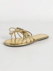 French Elegant Bowknot Open Toe Flat Sandals - Gold - View 4