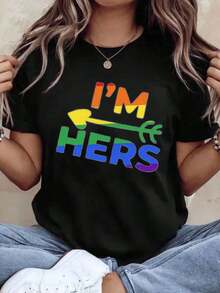 Women's Cotton T-Shirts I M Hers Rainbow Pride T-Shirt For LGBTQ Plus Couple Matching Outfit Pride Month Festival Party Wear, Basic Women's Blouses - 黑色 - 查看 1