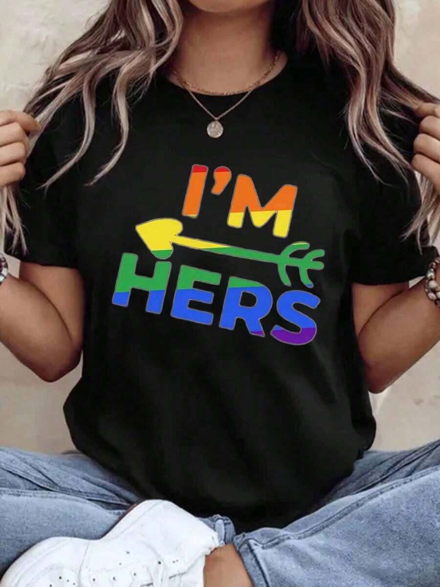 Women's Cotton T-Shirts I M Hers Rainbow Pride T-Shirt For LGBTQ Plus Couple Matching Outfit Pride Month Festival Party Wear, Basic Women's Blouses - 黑色 - 查看 1