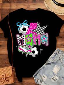 Women's Cotton T-Shirts, "Soccer Mom" T-Shirt For Women, Fun Gift For Soccer Mom, Colorful Design With Soccer Ball And Cleats, Pink And Printed Letters, Sporty Outfit For Mom For Game Day Or Mother's Day, Basic Women's Blouses. - 黑色 - 查看 3
