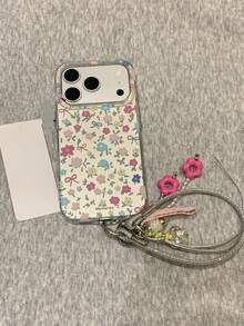Glitter Silver Base Floral Pattern Phone Case Compatible With IPhone 17 Pro Max, 17 New Model 16 Protective Cover 15 For Women 16 Pro Full Body Anti-Drop With Lanyard - Silver - View 4