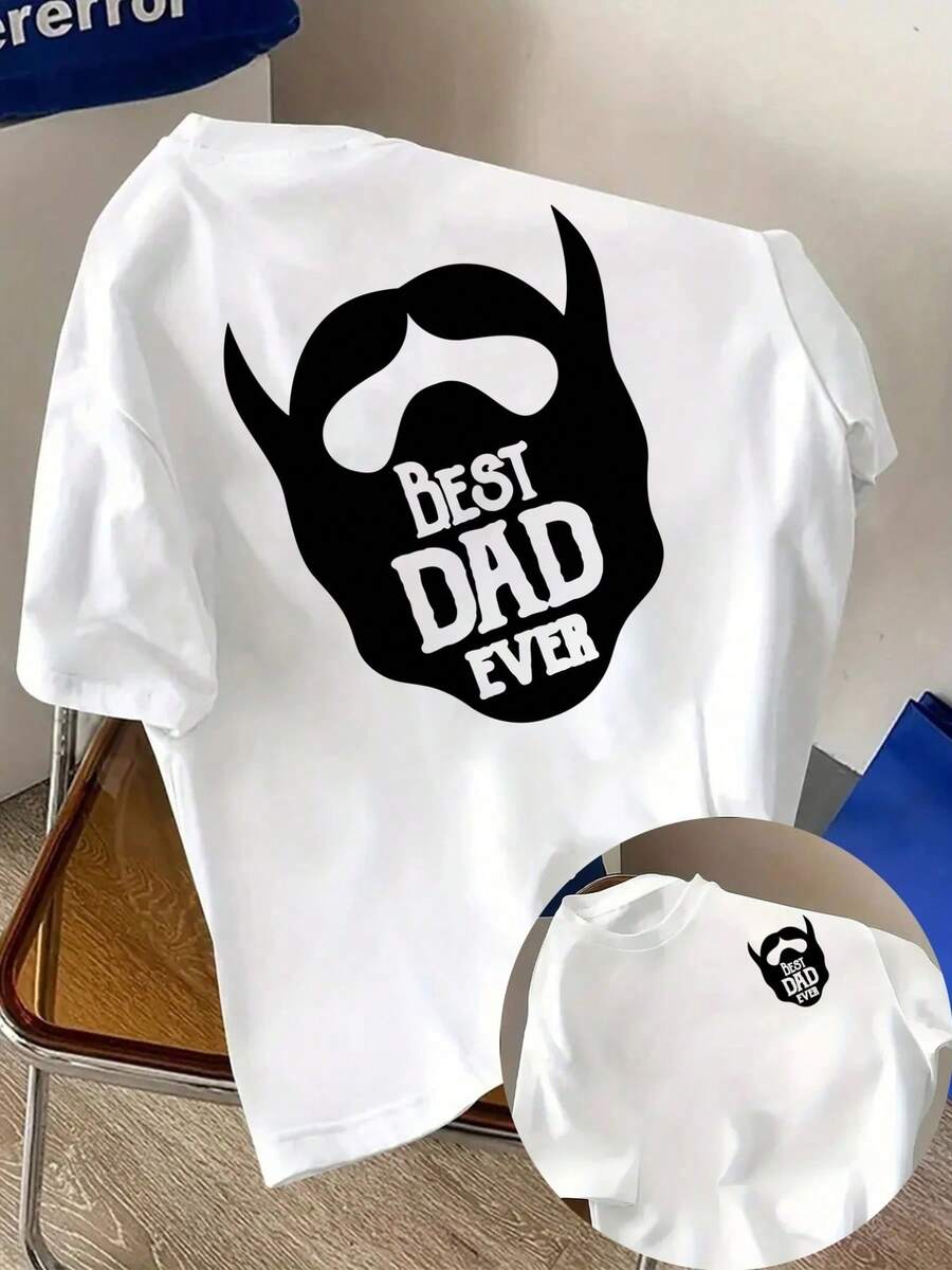 New Men's T-Shirt, 180g Weight, % Cotton, With Best Dad Print On The Front And Back, A Modern Short-Sleeved T-Shirt For Father's Day, Suitable For Casual Daily Wear And Outdoor Fitness Activities, With A Unique Double-Sided Pattern Design - To Be Layered In Spring And Autumn Or Worn Alone In Summer, Unisex Style. - 白色 - 查看 1