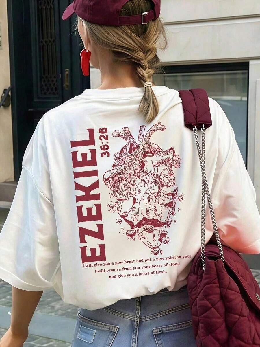 T-Shirt Da Donna 2026 Con Motivo Cristiano, Vestibilità Rilassata, Comoda, T-Shirt Girocollo Elasticizzata Con Stampa "Ezechiele 36:26", Cuore Anatomico E Versetto Biblico, Desig - 白色 - 查看 1