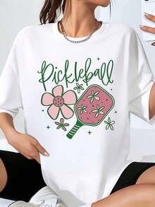 Camiseta de Pickleball con Diseño Floral para Mujer, Estilo Casual, Talla Grande, con Pala Rosa y Gráfico Floral para un Estilo de Vida Deportivo. - Blanco - Ver 7