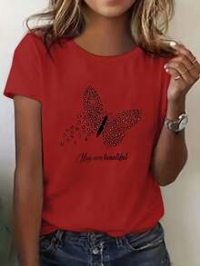 Women's Plus Size Cotton Crew Neck Casual T-Shirt, Y2K Style With Black Butterfly Print - Loose And Comfortable Fit, Polyester, Machine Washable - Suitable For Work, Home And Spring/Summer Wear, Plus Size T-Shirt, Simple T-Shirt For Everyday Wear - 紅色 - 查看 1