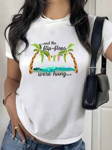 100% Cotton. Palm Trees By The Sea With Dangling Sandals Evoke Rest And Tropical Freedom. Women's T-Shirt, 100% Soft And Comfortable Cotton For Sunny Days. Women's Simple Solid Color T-Shirt, Loose And Slim Fit Casual Short Sleeve - 白色的 - 查看 9
