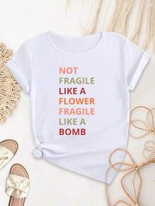 Elegant And Beautiful Clothing For Plus-Size Women NOT FRAGILE LIKE A FLOWER FRAGILE LIKE A BOMB Beautiful Ladies Elegant Party Fashion Loose Fit Gift Soft Machine Washable Elastic Sporty Round Neck Short Sleeve Top - 白色 - 查看 1