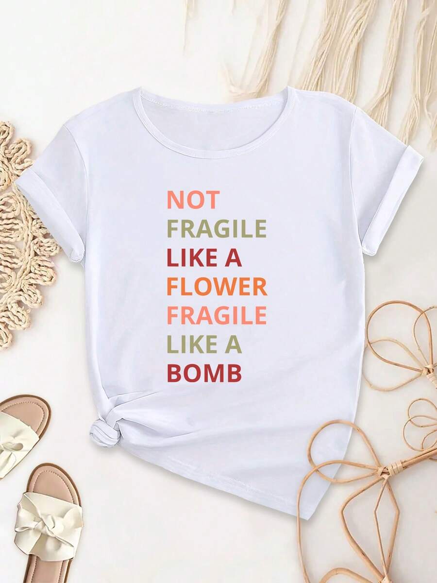 Elegant And Beautiful Clothing For Plus-Size Women NOT FRAGILE LIKE A FLOWER FRAGILE LIKE A BOMB Beautiful Ladies Elegant Party Fashion Loose Fit Gift Soft Machine Washable Elastic Sporty Round Neck Short Sleeve Top - 白色 - 查看 1