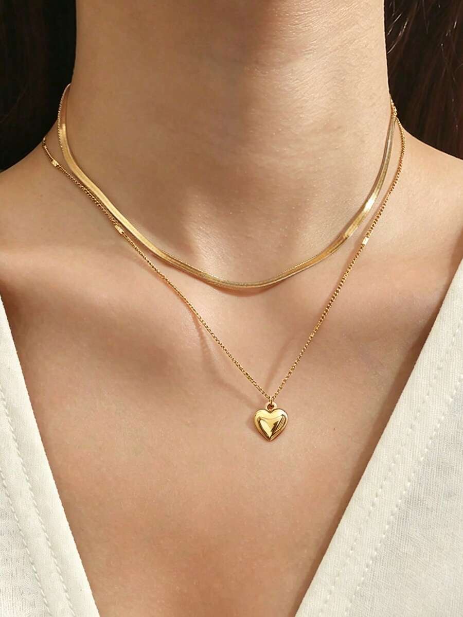 2pcs Minimalist Exquisite Style Color-Retaining Stainless Steel Gold-Plated Layered Chain Heart Women's Necklace For Dating Outfit Item - Yellow Gold - View 1