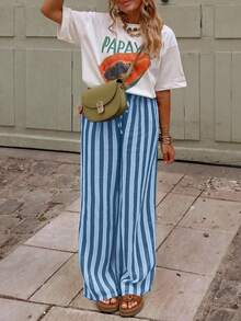 Pantalones a rayas de diseño texturizado minimalista casual chic, corte holgado, versátiles para uso diario - Neblina azul - Ver 4