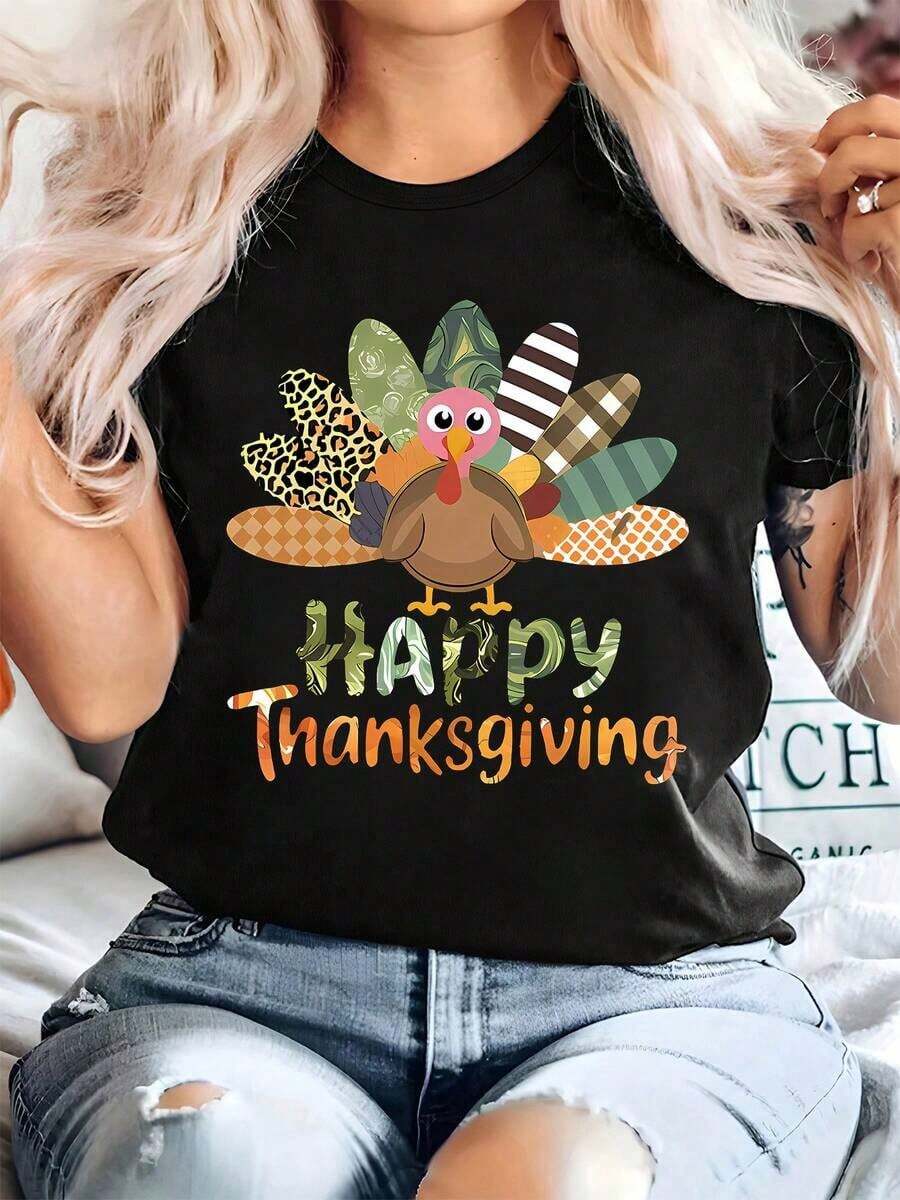 Plus Sizes - Happy Thanksgiving! Vintage Thanksgiving Print Tee Featuring A Patchwork Turkey, Available In Sizes Up To 5XL. Made From Fabric, This Short-Sleeve Crew Neck Tee Is Perfect For Casual Wear Year-Round. - 黑色 - 查看 1