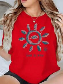100% Cotton. Radiant Hand-Painted Sun Symbolizing Positive Energy And Openness To New Experiences. Women's 100% Cotton 220g T-Shirt. Women's Simple Solid Color T-Shirt, Loose And Slim Fit Casual Short Sleeve - 紅色的 - 查看 1