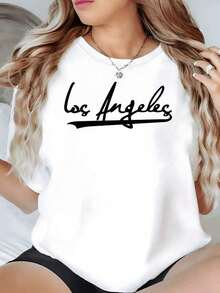 100% Cotton. Iconic Text Celebrating The Vibrant Energy And Free Spirit Of Los Angeles With Modern Artistic Typography. Women's 100% Cotton 220g T-Shirt. Women's Simple Solid Color T-Shirt, Loose And Slim Fit Casual Short Sleeve - 白色的 - 查看 1