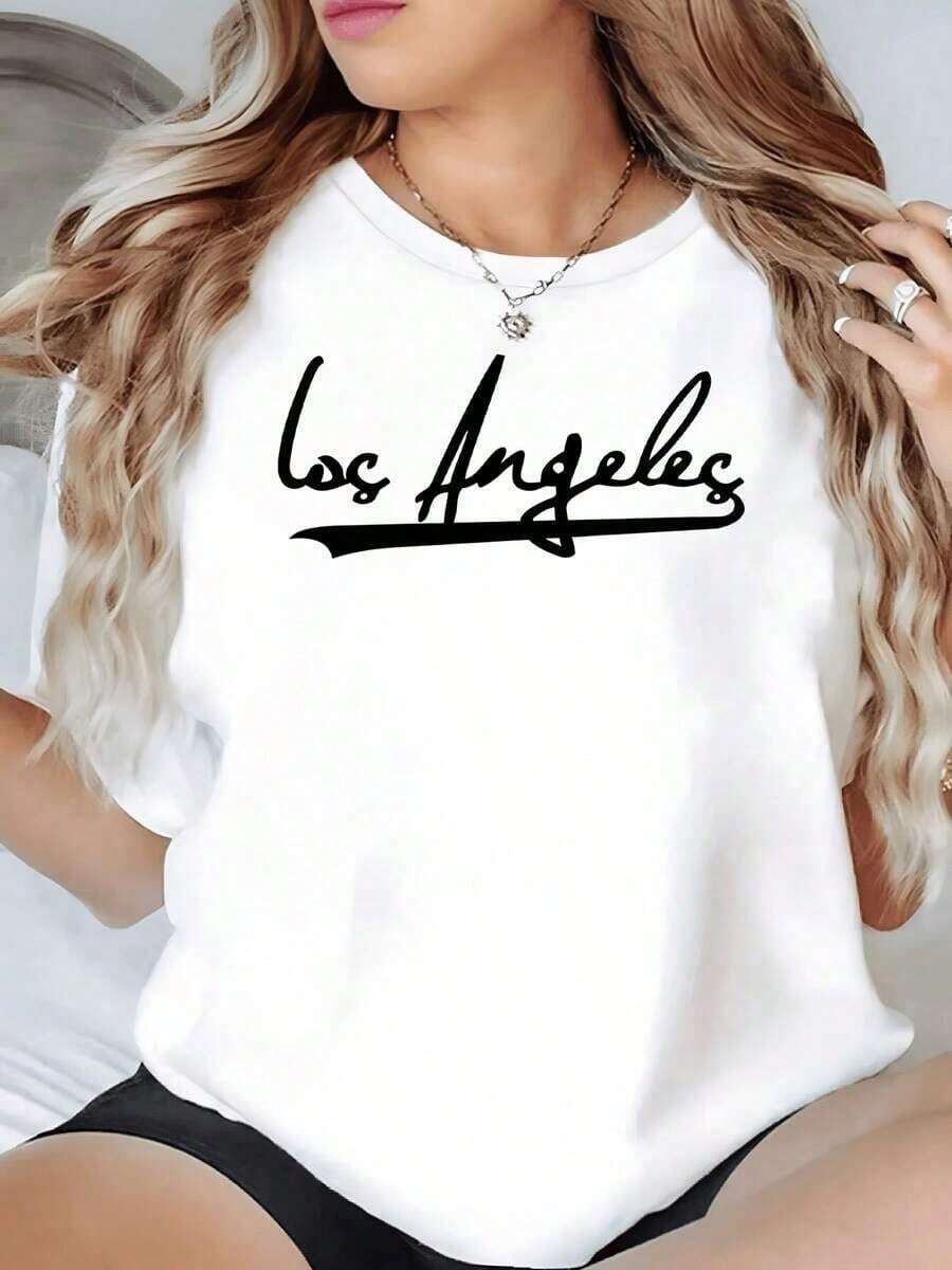100% Cotton. Iconic Text Celebrating The Vibrant Energy And Free Spirit Of Los Angeles With Modern Artistic Typography. Women's 100% Cotton 220g T-Shirt. Women's Simple Solid Color T-Shirt, Loose And Slim Fit Casual Short Sleeve - 白色的 - 查看 1