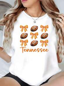 100% Cotton. The Print Features American Footballs Surrounded By Orange Checkered Ribbons, Symbolizing Energy And Sporting Passion. Soft, 100% Cotton Women's T-Shirt, Comfortable For Everyday Wear. Women's Simple Solid Color T-Shirt, Loose And Slim Fit Casual Short Sleeve - 白色的 - 查看 8