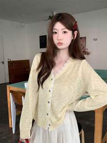 Áo khoác ngoài mỏng nhẹ viền ren dành cho nữ, kiểu dáng thường ngày, tay dài, thích hợp cho mùa xuân/hè. - Màu vàng - Xem 2