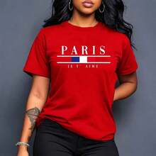 Women's Short-Sleeved T-Shirt With 'PARIS JE T'AIME' Flag Print, Round Neck, Machine Washable, Comfortable, Soft And Breathable, Suitable For Spring, Summer And Autumn. Loose, Casual, Elegant For Everyday Wear, Soft. - 紅色 - 查看 7