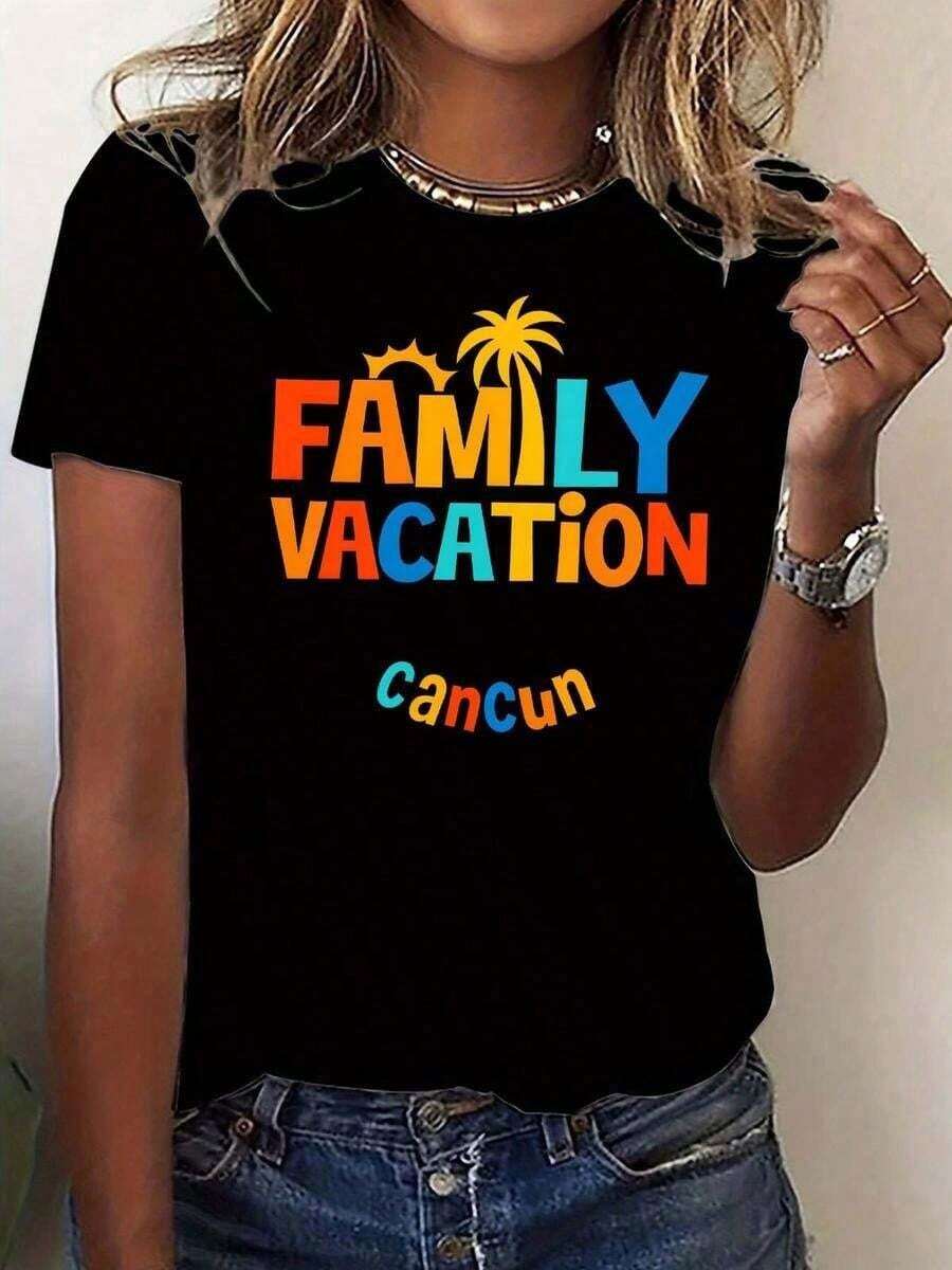 Women's Blouses: 1 Classic And Versatile Piece, Pure Cotton Short-Sleeved T-Shirt With Cancun Family Vacation Print, Sun And Palm Tree Design. Modern Style. - 黑色 - 查看 1