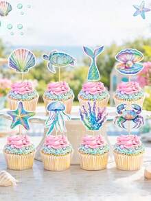 16pcs Ocean Themed Cupcake Toppers, Includes Watercolor Seashells, Starfish, Octopus, Turtles, Jellyfish Designs, Suitable For Ocean-Themed Baby Shower, Boys/Girls Ocean Birthday Party, Summer Tropical Party, Pool Party, Beach Party Decorations - A - View 8