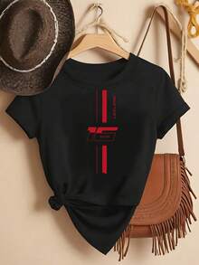 Short-Sleeved T-Shirt - Eclaire, No. 16 - Fashionable Printed T-Shirt For Women, Spring/Summer, Your Best Choice! Elegant Party Outfit, T-Shirt For Elegant Ladies, Blouses Suitable For Curvy Women, Casual Wear, Cool And Sweat-Free Summer Clothing, Fun Letter Print - 黑色 - 查看 6