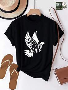 Women's Pure Cotton T-Shirt With Spanish Spirit Dove Silhouette, Comfortable Fit, Elegant Party Outfit, T-Shirt For Elegant Ladies, Blouses Suitable For Curvy Women, Casual Wear, Cool And Sweat-Free Summer Clothing, Fun Letter Print - 黑色 - 查看 6