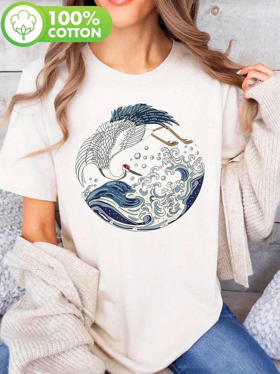 Blue And White Waves And Flying Cranes Form A Circle, APANES Vintage Printed T-Shirt Of Giant Waves And Sea Crane Bird, Casual Short Sleeve Round Neck Top, For Summer And Spring, Women's Blouses. - 白色 - 查看 1