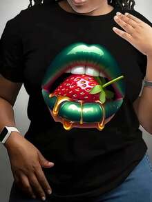 Women's Short-Sleeved T-Shirt With Strawberry And Lip Print, Casual Black Round Neck T-Shirt, Elastic, Machine Washable, Suitable For Sports And Leisure In Spring/Summer/Autumn. - 黑色 - 查看 1