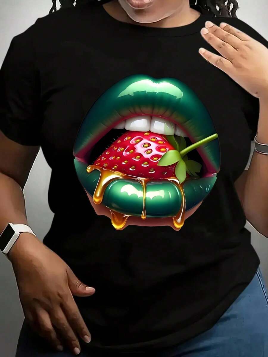 Women's Short-Sleeved T-Shirt With Strawberry And Lip Print, Casual Black Round Neck T-Shirt, Elastic, Machine Washable, Suitable For Sports And Leisure In Spring/Summer/Autumn. - 黑色 - 查看 1