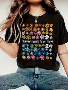 Women's Short Sleeve T-Shirt, Bright Star, Unique Light Print, Casual Black Round Neck T-Shirt, Elastic, Machine Washable, Suitable For Spring/Summer/Autumn. - 黑色 - 查看 1