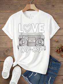 Soft, 100% Cotton Women's T-Shirt With A Crew Neck, Short Sleeves, And A Printed Design. This Casual Urban Style T-Shirt Features A Boombox And Microphone Design In A Love Hip Hop Style, Perfect For Summer And The Beach. A Great Gift For Music Lovers. Suitable For Christmas Parties, Sports Activities, Holiday Parties, Outings, And Other Festive Occasions (220g). This Breathable Cotton T-Shirt Goes With Everything. - 白色 - 查看 2