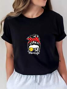 'Mom Life' Print T-Shirt - Soft 180G T-Shirt For Women, Ideal For Family Gatherings And Team Building Gifts, Perfect For The Beach In Summer - 黑色 - 查看 7