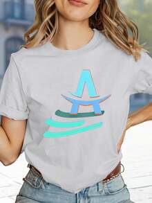 Women's T-Shirt With The Letter A And A Wave Design. | Suitable For Casual Wear In Spring And Summer, A Great Gift For Fashionable Women, Vintage Style, Breathable, Casual - Crew Neck, Regular Fit - Machine Washable, Printed T-Shirt Suitable For All Occasions. 5L3G - 白色 - 查看 1