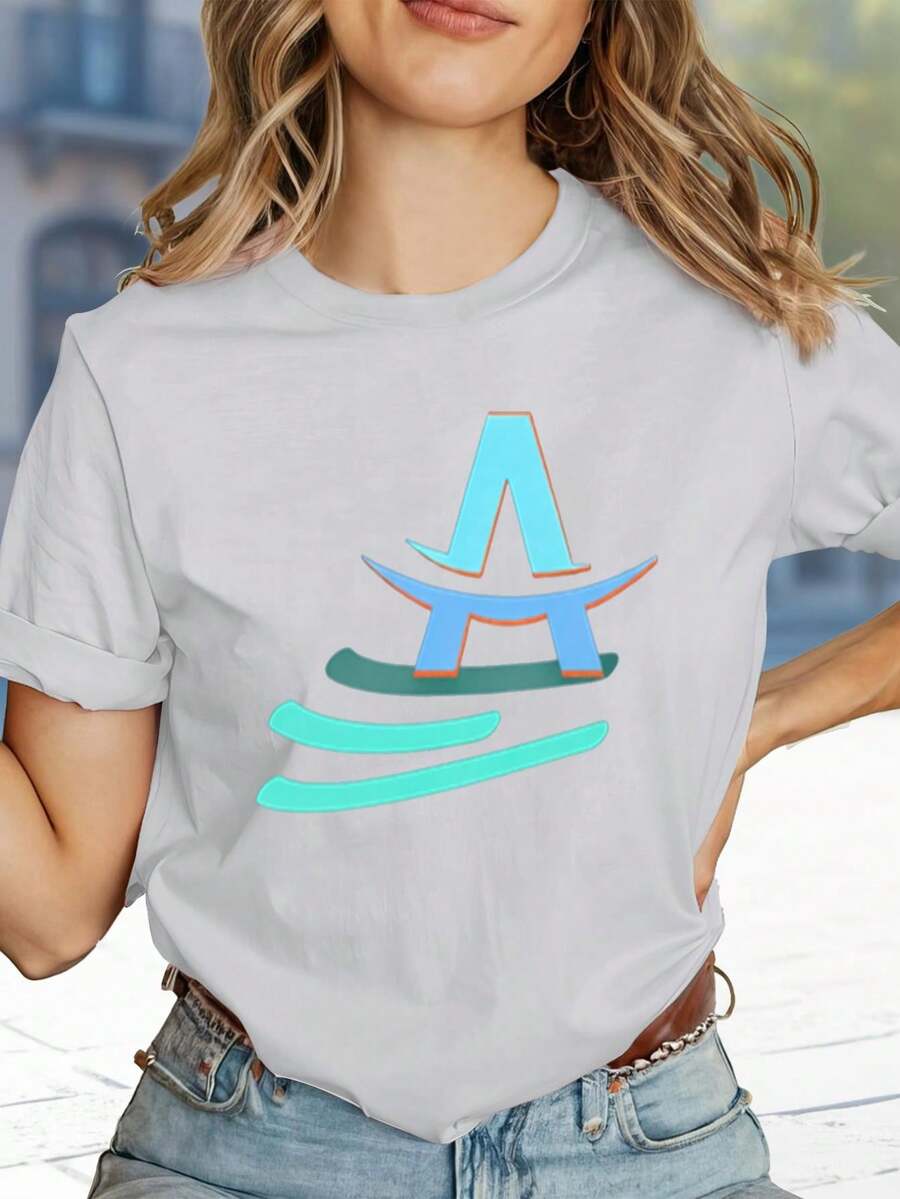 Women's T-Shirt With The Letter A And A Wave Design. | Suitable For Casual Wear In Spring And Summer, A Great Gift For Fashionable Women, Vintage Style, Breathable, Casual - Crew Neck, Regular Fit - Machine Washable, Printed T-Shirt Suitable For All Occasions. 5L3G - 白色 - 查看 1
