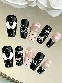 10片Y2K复古长方形美甲贴纸，Y2K黑/粉/白蝴蝶结翅膀、爱心、波点水晶装饰美甲配件，闪亮可拆卸甲片，芭蕾舞美甲设计，拉长手指，时尚美甲装饰套装 - 彩色 - 查看 12