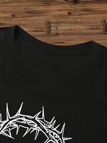 Religious Symbolic Meaning, Crown Made Of Thorny Branches And Christian Cross Print, Pure Cotton Round Neck T-Shirt, Basic Short Sleeve Design, Simple Design, Suitable For Casual Sports, Versatile Item For Everyday Wear 15463. - 黑色 - 查看 4