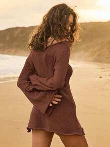 Vestido de playa de punto semitransparente y ligero para vacaciones - Café integral - Ver 7