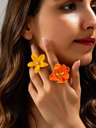 1pc/2pcs Contrast Color Floral Rings, Resin Rings For Women, Exaggerated Design Vacation Style Accessories, Floral Rings With Atmosphere, Suitable For Summer Beach Vacation