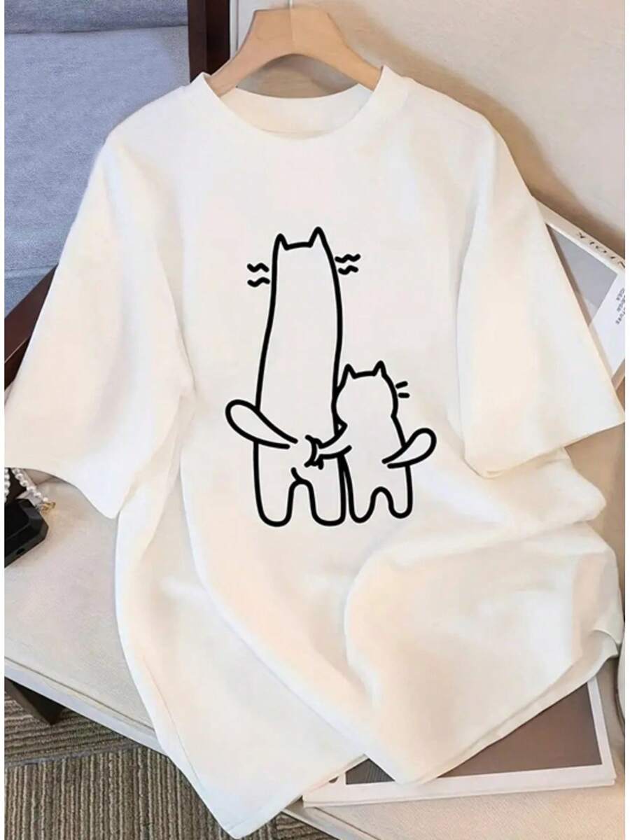 Women's Custom Pure Cotton Short-Sleeved T-Shirt, Exclusive Design, Printed, Minimalist Casual Style, New Summer Style, Loose Fit, Fitted Top For Students, Unisex Urban Vintage Style Cotton Loose Fit Round Neck Short-Sleeved T-Shirt For Women. - 白色 - 查看 1
