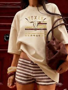 Western And Vintage Style Short Sleeve T-Shirt, Fashionable Short Sleeve T-Shirt For Spring And Summer 2026, Made In Mexico, 180 Grams. Cartoon Print, Couple Design, Suitable For Indoor Or Outdoor Wear. Crew Neck, Unisex, Ideal For Office And Leisure. One-Piece Pack. - APR-P631577SLNDXZGY600 - 查看 4