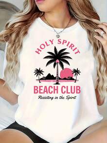 | Exquisite Design | Loose And Comfortable | Easy To Match | Women's Breathable Cotton T-Shirt - Holy Spirit Beach Club Tropical Palm Tree And Sunset Print Design, Casual Short Sleeve Summer Vacation T-Shirt, Machine Washable Crew Neck Beach Shirt, Festive Style And Comfortable To Wear - 白色 - 查看 1