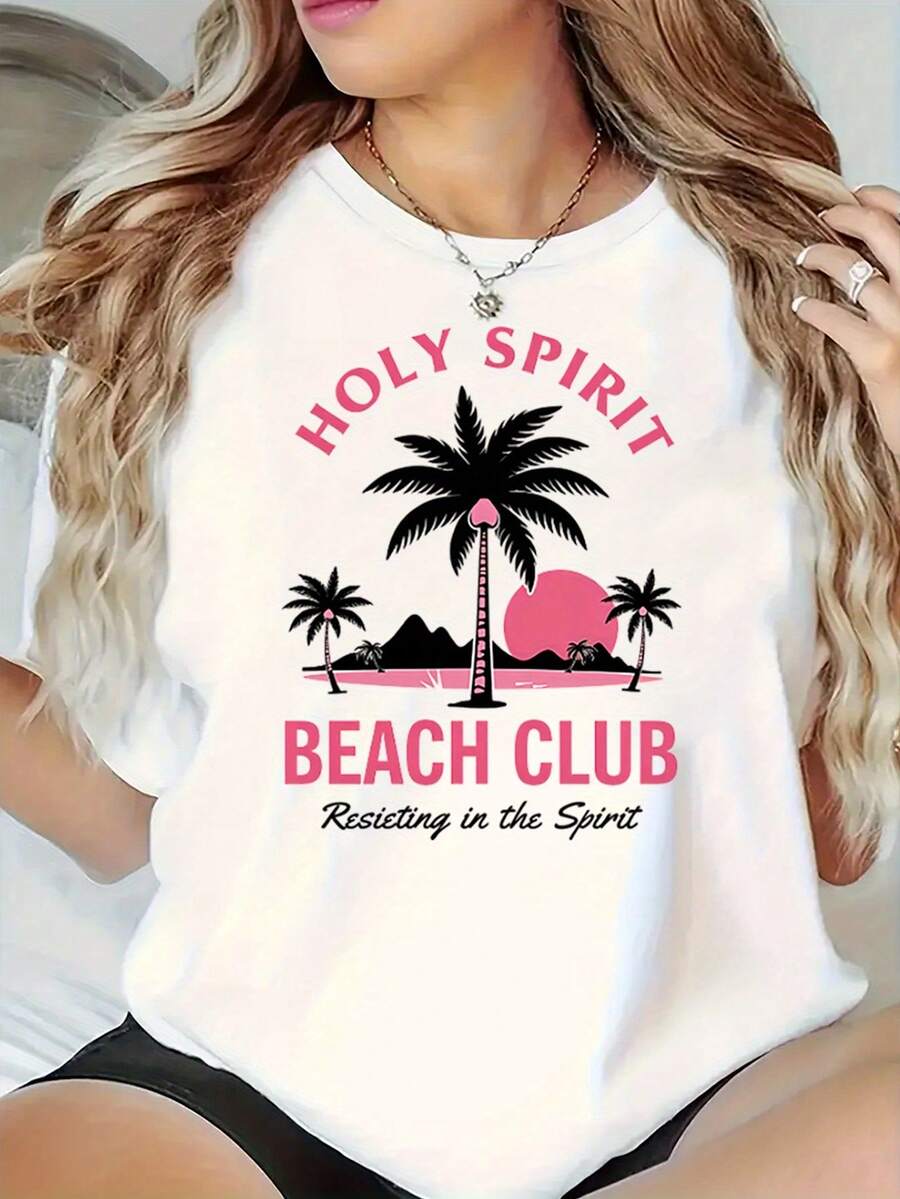 | Exquisite Design | Loose And Comfortable | Easy To Match | Women's Breathable Cotton T-Shirt - Holy Spirit Beach Club Tropical Palm Tree And Sunset Print Design, Casual Short Sleeve Summer Vacation T-Shirt, Machine Washable Crew Neck Beach Shirt, Festive Style And Comfortable To Wear - 白色 - 查看 1