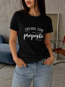 Women's T-Shirt, Short Sleeve T-Shirt With Christian Print, Phrase "Created With A Purpose" (Ephesians 2:10), Casual T-Shirt With Inspirational Bible Quote Design, Comfortable Fit, Women's Going Out T-Shirts - 黑色 - 查看 3