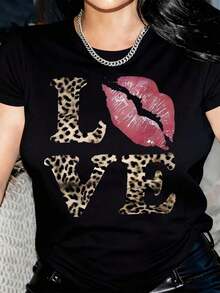 1 Piece Y2K Women's Graphic T-Shirt - Black T-Shirt With LOVE And Leopard Lips Design - Casual Crew Neck T-Shirt - Medium Stretch Fabric - Machine Washable For Daily Wear And Parties - Fashionable Non-See-Through Top, Ladies' T-Shirts,  Outfit, Fun Print T-Shirt, Streetwear Style, Retro Style, Comfortable Fit, Short Sleeve T-Shirt, Womensoft - 黑色 - 查看 6